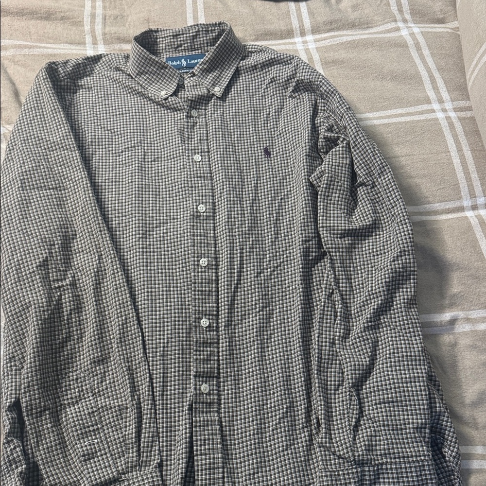 Ralph Lauren Olive and White Micro-Check Button-Down Shirt